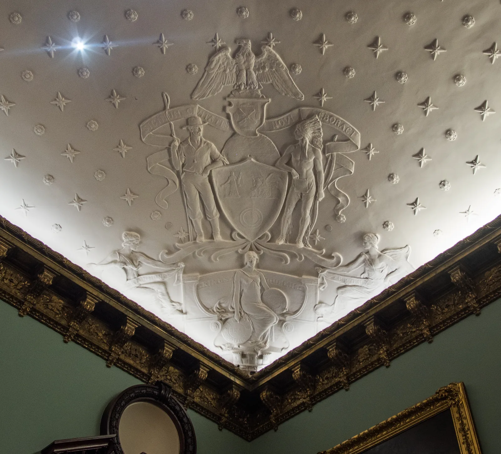 Decorated ceiling inside the New York City Council Chamber at City Hall