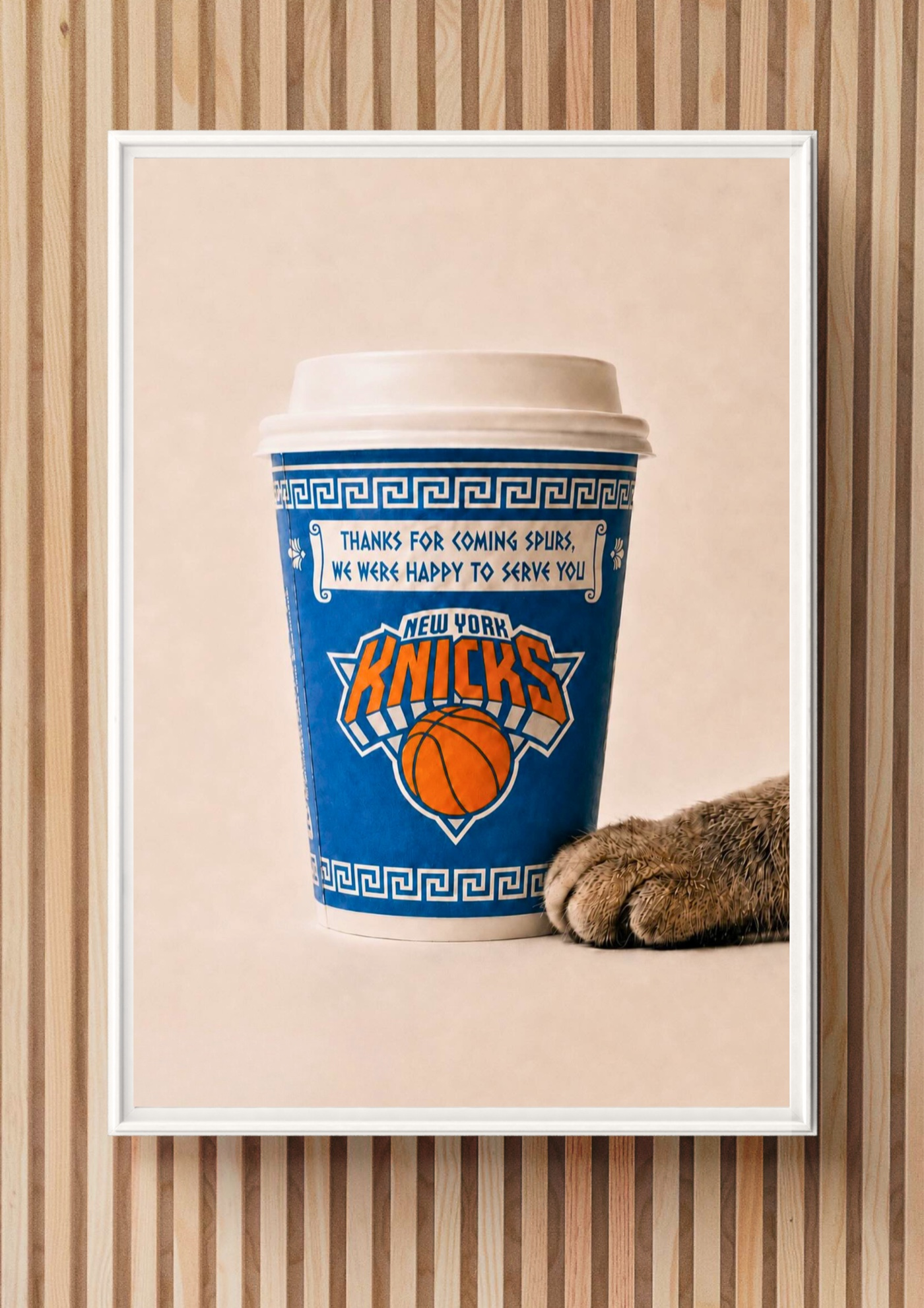 Wall mockup of the Bye bye, Spurs print in a white frame on a wood wall